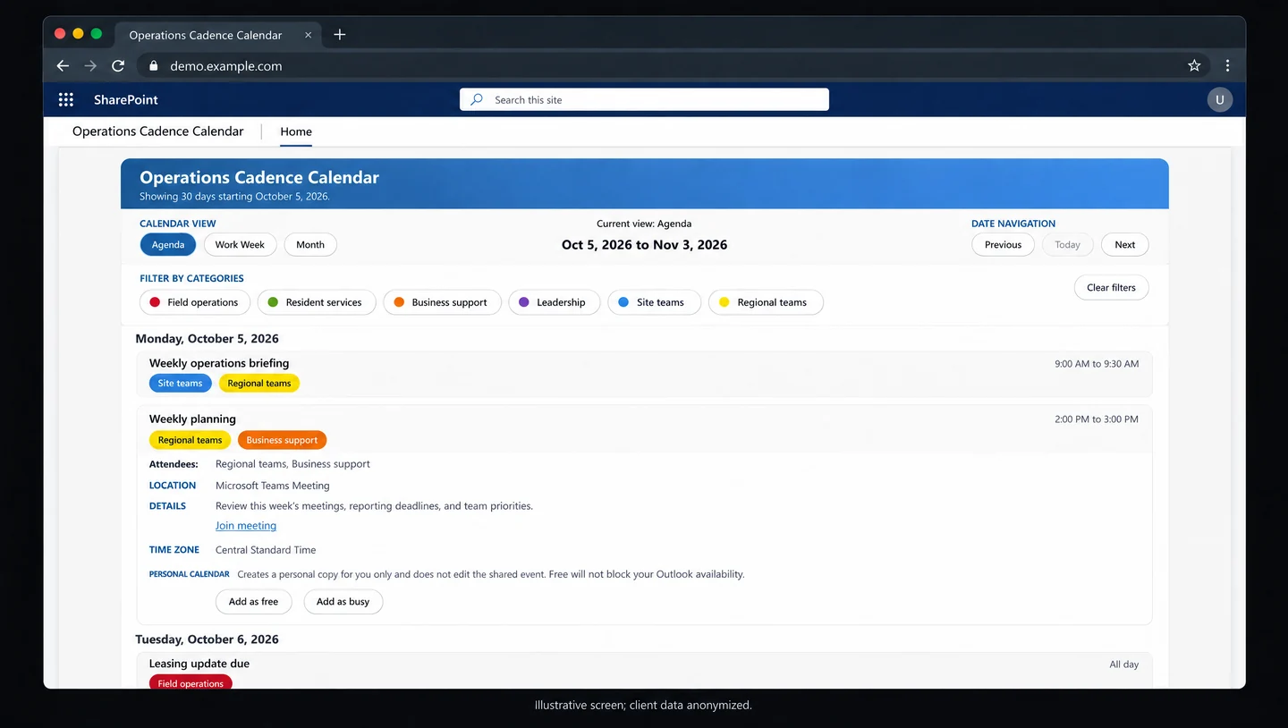 Anonymized agenda with expanded meeting details and Add as free and Add as busy actions.