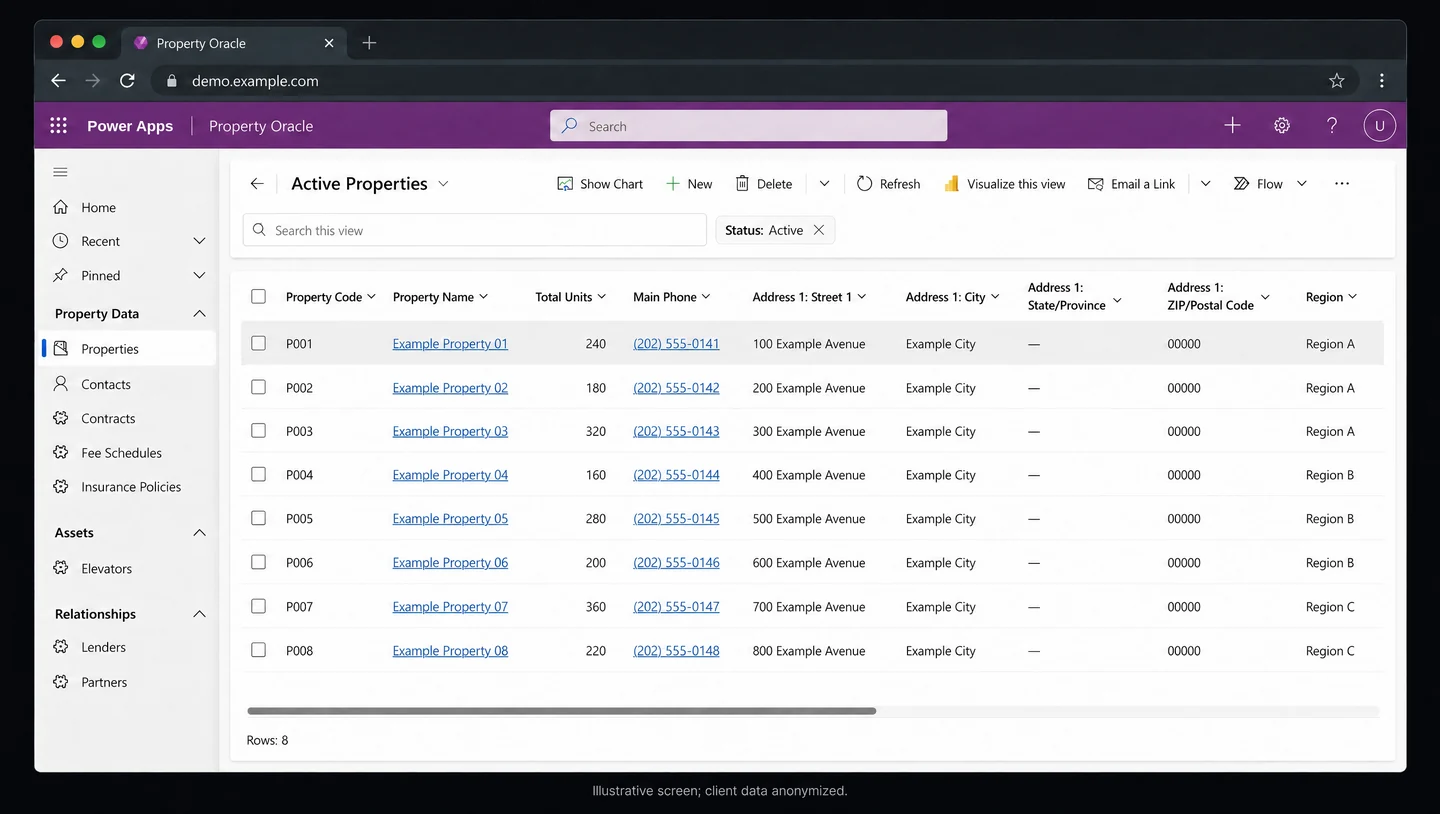 Anonymized Power Apps directory of properties with codes, unit counts, contact numbers, and addresses.
