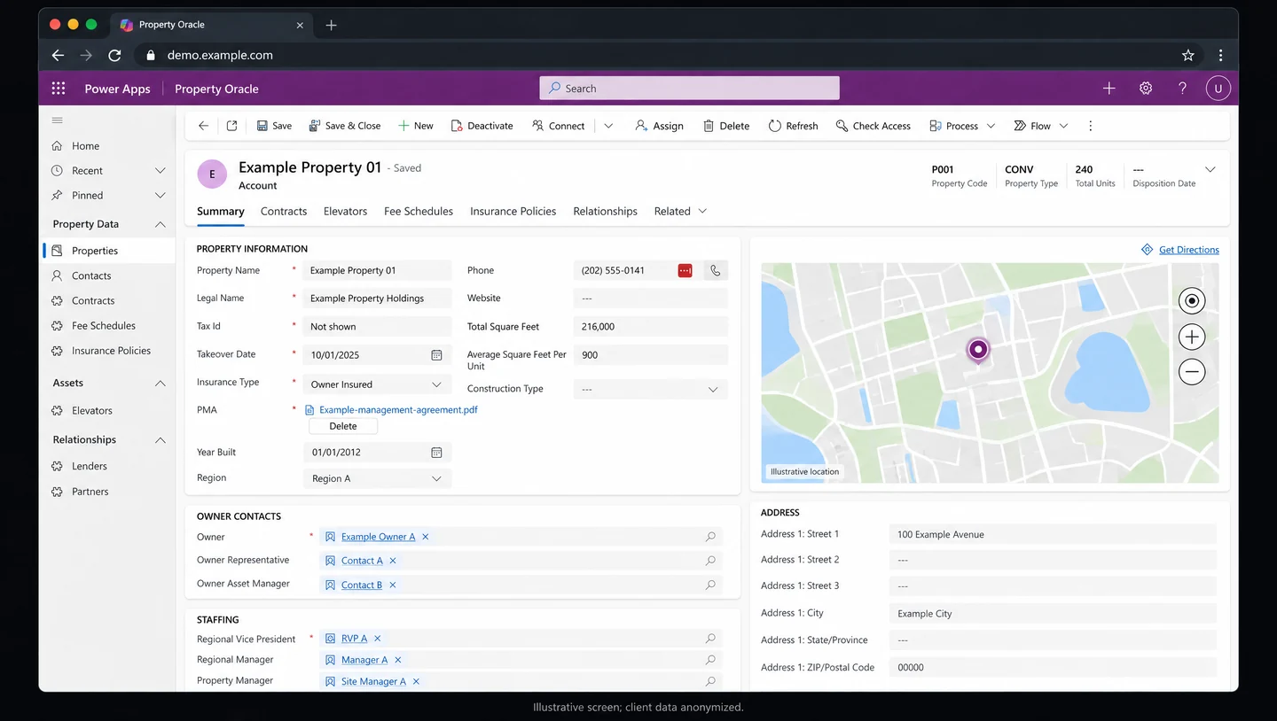 Illustrative Power Apps property record with attributes, document attachment, contacts, staff assignments, and an anonymized map.
